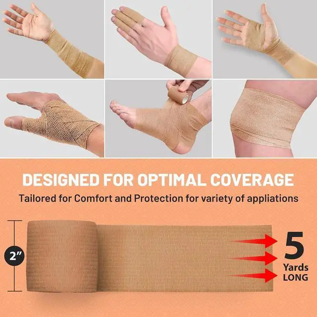 Alt view image 5 of 7 - MEDca Self Adherent Cohesive Wrap Bandages 2 Inches X 5 Yards 12 Count with Strong Elastic First Aid Tape for Sprain Swelling and Soreness on Wrist and Ankle (Skin Color)