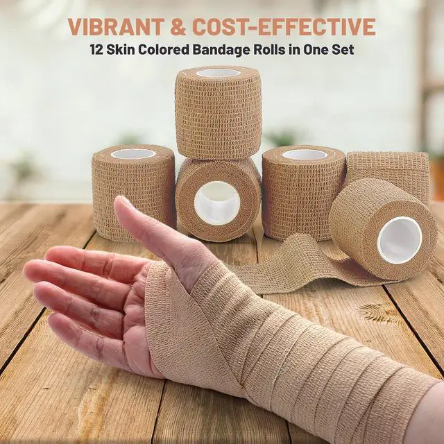 Alt view image 4 of 7 - MEDca Self Adherent Cohesive Wrap Bandages 2 Inches X 5 Yards 12 Count with Strong Elastic First Aid Tape for Sprain Swelling and Soreness on Wrist and Ankle (Skin Color)