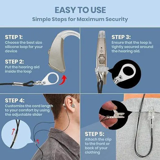Alt view image 2 of 6 - Hearing Aid Clip - Protective Holder with Anti Lost Lanyard Cord - Rope with Loops and Clip and Security Clip Ideal for Behind the Ear Hearing Aids and Personal Sound Amplifiers