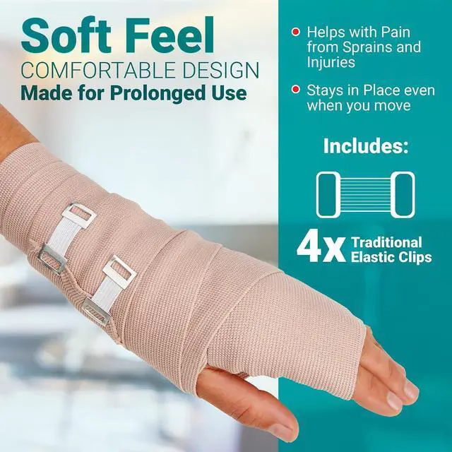 Alt view image 3 of 7 - Elastic Compression Bandage Wrap - Premium Quality (Set of 4) w/ 4 Extra Hooks, Athletic Sport Support Rolls for Ankle, Wrist, Arm, Leg Sprains, First Aid Bandages Roll Measures 2", 3", 4", 6" x 5 Ft