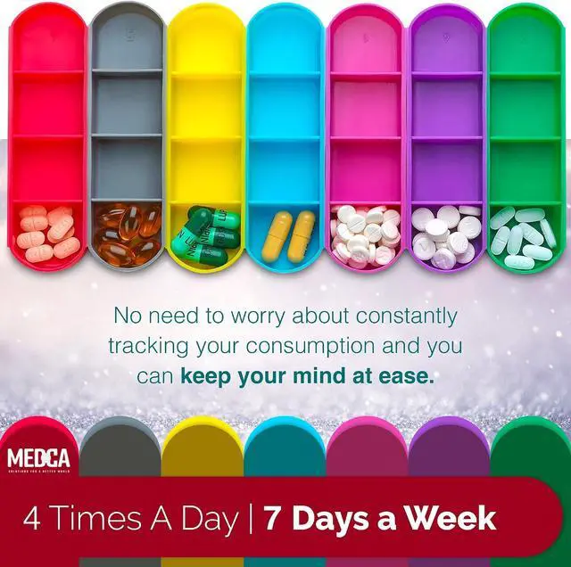 Alt view image 2 of 7 - Weekly Travel Pill Organizer - Prescription and Medication Wallet Pill Box Reminder, Pill Container Dispenser Case, Vitamin Caddy Organizer, for 4 Times A Day, 7 Days a Week