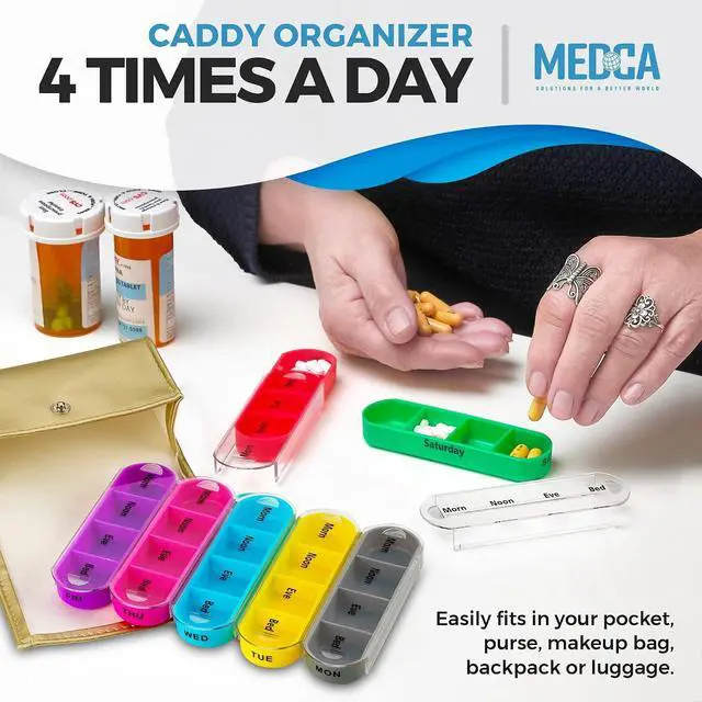 Alt view image 4 of 7 - Weekly Travel Pill Organizer - Prescription and Medication Wallet Pill Box Reminder, Pill Container Dispenser Case, Vitamin Caddy Organizer, for 4 Times A Day, 7 Days a Week