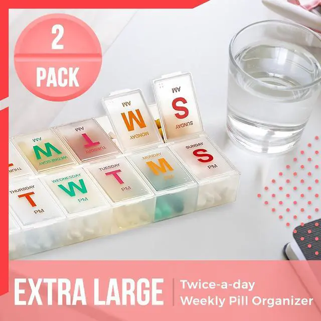 Alt view image 4 of 7 - Large Weekly Pill Organizer - (2 Pack) AM PM Pill Box - XL 7 Day Pill Organizer 2 Times A Day and Daily Pill Organizer Case for Medication, Pills, Supplements with Braille, Bright, Easy to Read