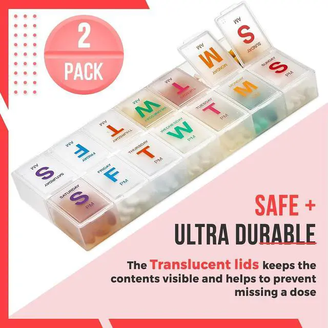 Alt view image 2 of 7 - Large Weekly Pill Organizer - (2 Pack) AM PM Pill Box - XL 7 Day Pill Organizer 2 Times A Day and Daily Pill Organizer Case for Medication, Pills, Supplements with Braille, Bright, Easy to Read