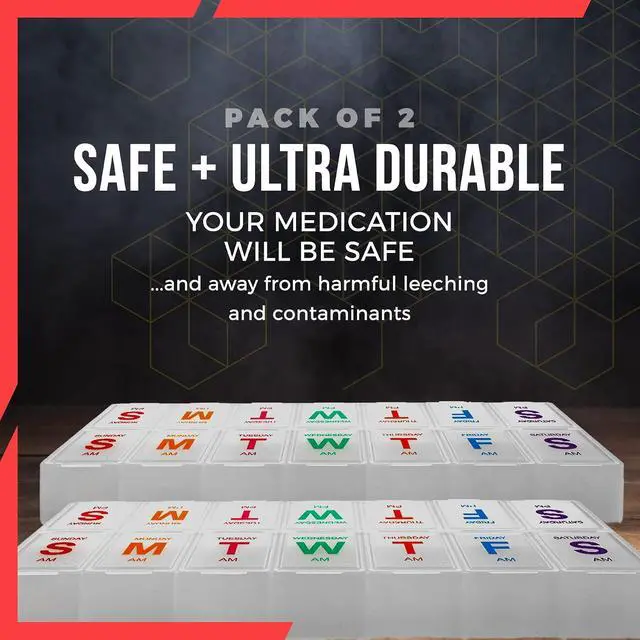 Alt view image 5 of 7 - Large Weekly Pill Organizer - (2 Pack) AM PM Pill Box - XL 7 Day Pill Organizer 2 Times A Day and Daily Pill Organizer Case for Medication, Pills, Supplements with Braille, Bright, Easy to Read