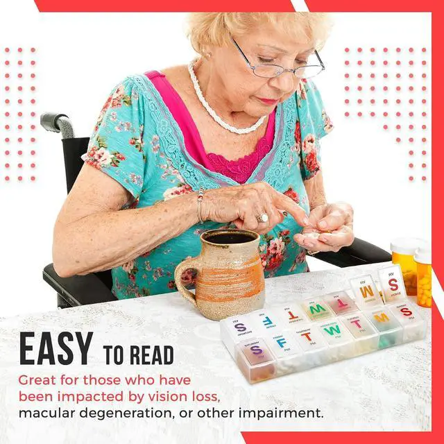 Alt view image 7 of 7 - Large Weekly Pill Organizer - (2 Pack) AM PM Pill Box - XL 7 Day Pill Organizer 2 Times A Day and Daily Pill Organizer Case for Medication, Pills, Supplements with Braille, Bright, Easy to Read