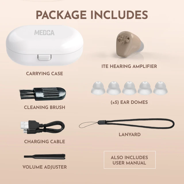 Alt view image 2 of 7 - MEDca 9D-9O3F-8NRC Mini Rechargeable ITE Personal Sound Amplifier, In-Ear Listening Device with Adjustable Volume, 5 Ear Tips, Carrying Case & Charging Adapter