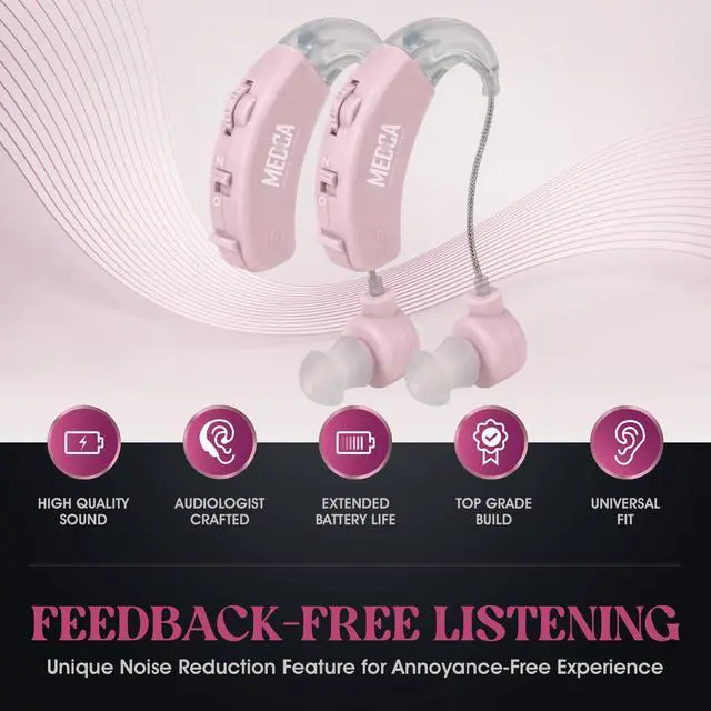 Alt view image 2 of 7 - Hearing Amplifier - Set of 2 - Best Hearing Amplifiers That Fit Comfortable Behind The Ear for Women, Small & Discreet BTE Personal Sound Amplifier Pair (Pink)