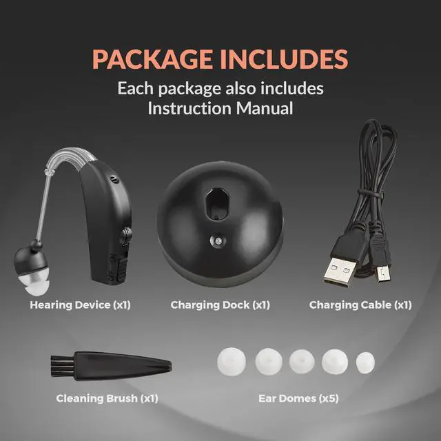 Alt view image 6 of 7 - MEDca Rechargeable Digital Hearing Amplifier, BTE Personal Sound Amplifier with Noise Reduction, Adjustable Volume, Charging Dock, 4 Ear Domes, Black
