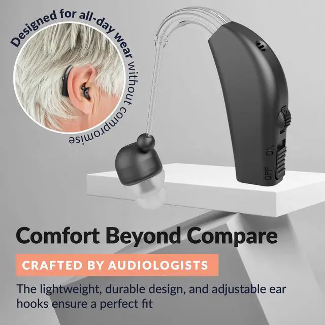 Alt view image 4 of 7 - MEDca Rechargeable Digital Hearing Amplifier, BTE Personal Sound Amplifier with Noise Reduction, Adjustable Volume, Charging Dock, 4 Ear Domes, Black