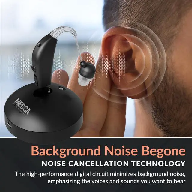 Alt view image 5 of 7 - MEDca Rechargeable Digital Hearing Amplifier, BTE Personal Sound Amplifier with Noise Reduction, Adjustable Volume, Charging Dock, 4 Ear Domes, Black