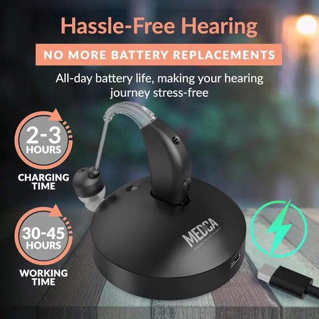 Alt view image 3 of 7 - MEDca Rechargeable Digital Hearing Amplifier, BTE Personal Sound Amplifier with Noise Reduction, Adjustable Volume, Charging Dock, 4 Ear Domes, Black