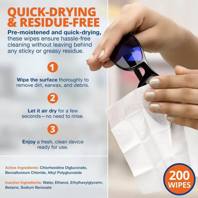 Alt view image 3 of 7 - MEDca Hearing Aid Cleaning Wipes, 200 Individually Wrapped Alcohol-Free Pre-Moistened Wipes for Hearing Aids, Amplifiers, Earbuds, Headphones, Glasses & Electronics