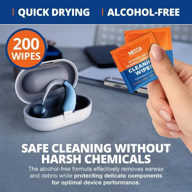 Alt view image 5 of 7 - MEDca Hearing Aid Cleaning Wipes, 200 Individually Wrapped Alcohol-Free Pre-Moistened Wipes for Hearing Aids, Amplifiers, Earbuds, Headphones, Glasses & Electronics