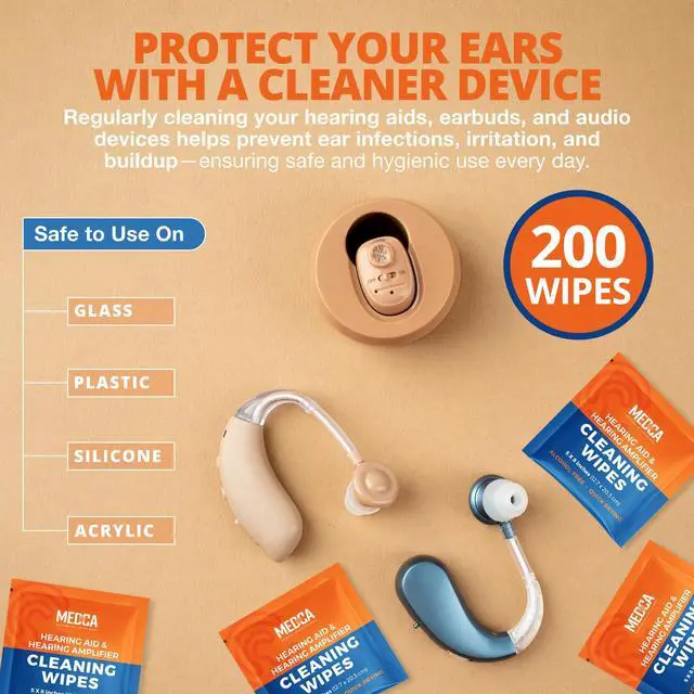 Alt view image 2 of 7 - MEDca Hearing Aid Cleaning Wipes, 200 Individually Wrapped Alcohol-Free Pre-Moistened Wipes for Hearing Aids, Amplifiers, Earbuds, Headphones, Glasses & Electronics