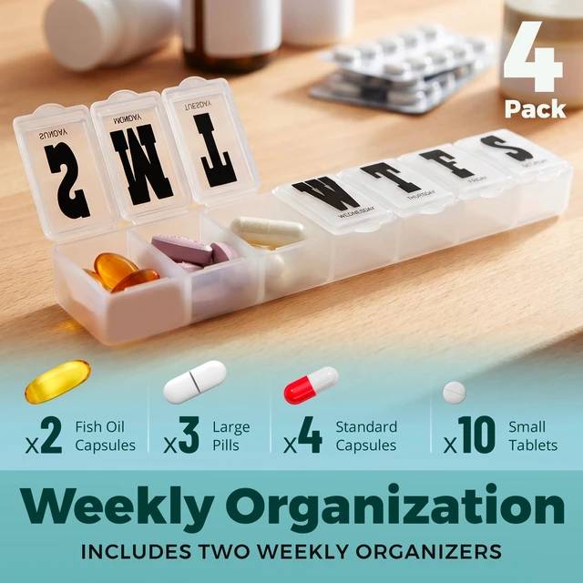 Alt view image 5 of 7 - Weekly Pill Organizer, 7-Day Travel Pill Box, Pack of 4