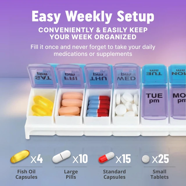 Alt view image 5 of 7 - Weekly AM/PM Pill Organizer - 7 Day Medicine Planner with Large Pop-Out Daily Compartments, Easy Open 2-Times-a-Day Pill Case for Travel that Holds Big Size Vitamins & Supplements, Blue and Purple