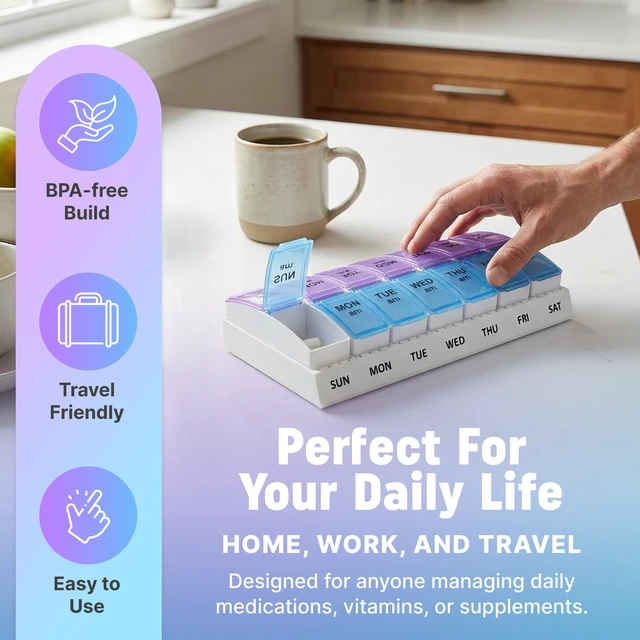 Alt view image 7 of 7 - Weekly AM/PM Pill Organizer - 7 Day Medicine Planner with Large Pop-Out Daily Compartments, Easy Open 2-Times-a-Day Pill Case for Travel that Holds Big Size Vitamins & Supplements, Blue and Purple