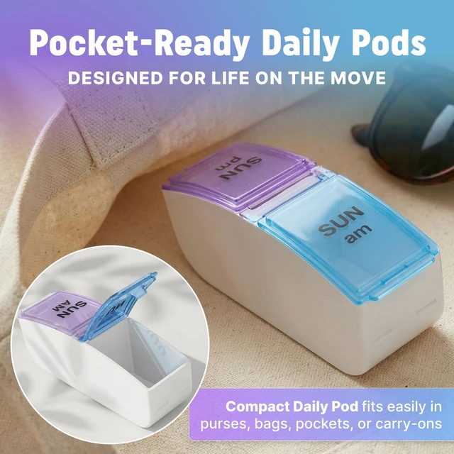 Alt view image 2 of 7 - Weekly AM/PM Pill Organizer - 7 Day Medicine Planner with Large Pop-Out Daily Compartments, Easy Open 2-Times-a-Day Pill Case for Travel that Holds Big Size Vitamins & Supplements, Blue and Purple