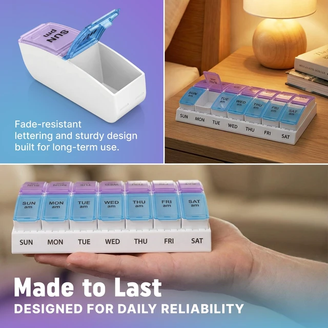 Alt view image 4 of 7 - Weekly AM/PM Pill Organizer - 7 Day Medicine Planner with Large Pop-Out Daily Compartments, Easy Open 2-Times-a-Day Pill Case for Travel that Holds Big Size Vitamins & Supplements, Blue and Purple