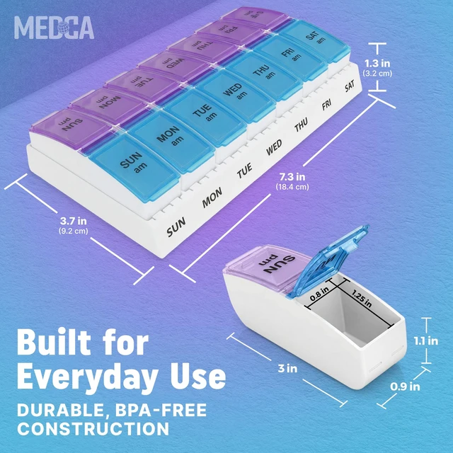 Alt view image 6 of 7 - Weekly AM/PM Pill Organizer - 7 Day Medicine Planner with Large Pop-Out Daily Compartments, Easy Open 2-Times-a-Day Pill Case for Travel that Holds Big Size Vitamins & Supplements, Blue and Purple