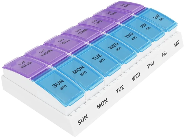 Main image of Weekly AM/PM Pill Organizer - 7 Day Medicine Planner with Large Pop-Out Daily Compartments, Easy Open 2-Times-a-Day Pill Case for Travel that Holds Big Size Vitamins & Supplements, Blue and Purple