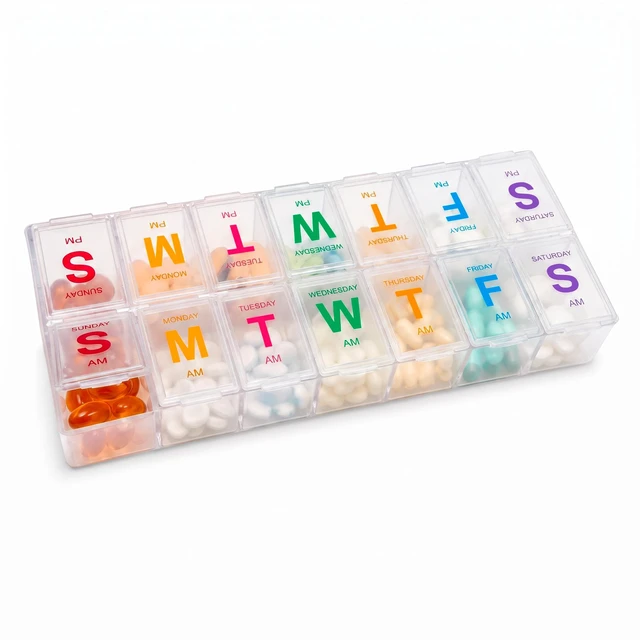 Main image of MEDca Extra Large Weekly Pill Organizer 7 Day, AM PM Pill Box with 14 Compartments, BPA-Free Medicine Dispenser with Braille, Easy-to-Read Labels, Colorful Lids for Vitamins and Supplements