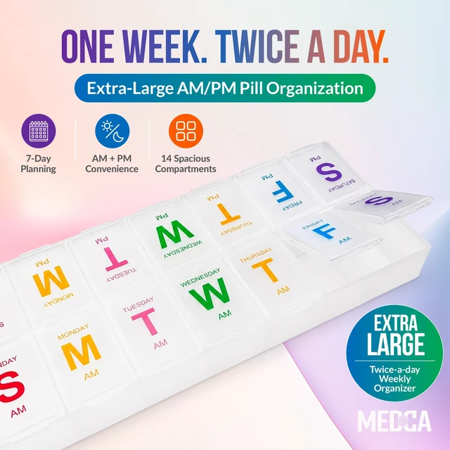 Alt view image 5 of 7 - MEDca Extra Large Weekly Pill Organizer 7 Day, AM PM Pill Box with 14 Compartments, BPA-Free Medicine Dispenser with Braille, Easy-to-Read Labels, Colorful Lids for Vitamins and Supplements