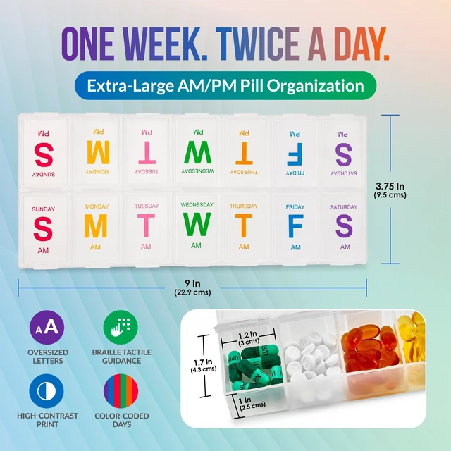 Alt view image 4 of 7 - MEDca Extra Large Weekly Pill Organizer 7 Day, AM PM Pill Box with 14 Compartments, BPA-Free Medicine Dispenser with Braille, Easy-to-Read Labels, Colorful Lids for Vitamins and Supplements