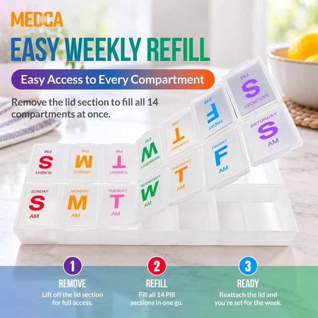 Alt view image 2 of 7 - MEDca Extra Large Weekly Pill Organizer 7 Day, AM PM Pill Box with 14 Compartments, BPA-Free Medicine Dispenser with Braille, Easy-to-Read Labels, Colorful Lids for Vitamins and Supplements