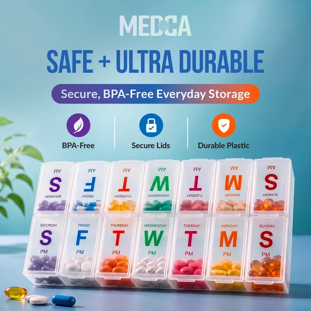 Alt view image 3 of 7 - MEDca Extra Large Weekly Pill Organizer 7 Day, AM PM Pill Box with 14 Compartments, BPA-Free Medicine Dispenser with Braille, Easy-to-Read Labels, Colorful Lids for Vitamins and Supplements