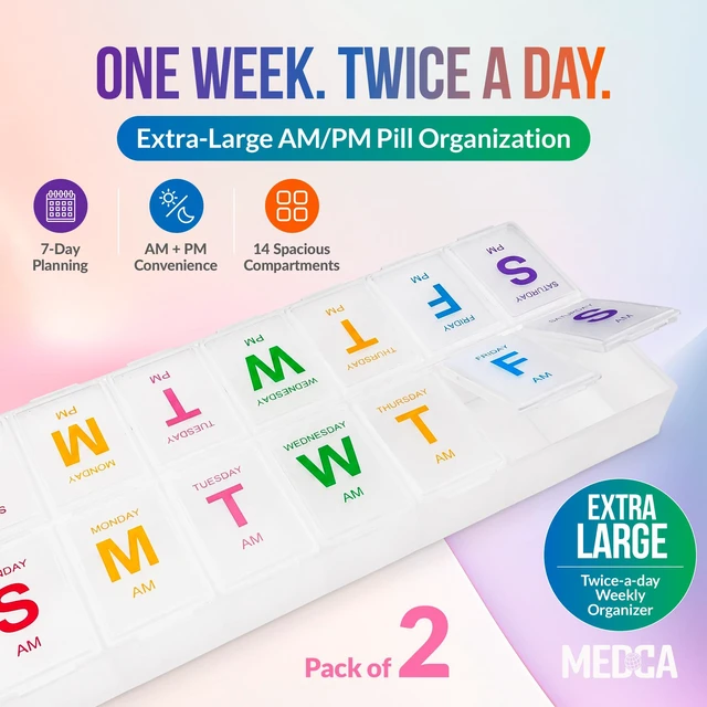 Alt view image 4 of 7 - Extra-Large 7-Day AM PM Pill Organizer with Braille, 2 Pack
