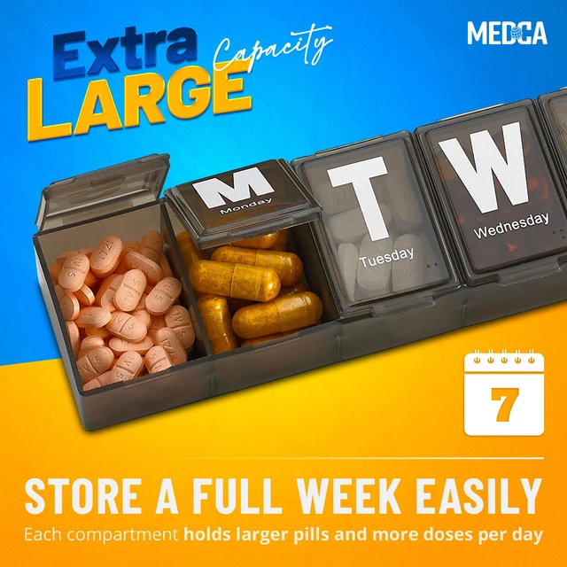Alt view image 2 of 7 - MEDca Weekly Pill Organizer, Extra Large 7 Day Pill Box with Jumbo Weekday Letters, BPA-Free Medication, Vitamin & Supplement Container with Translucent Lids, Black