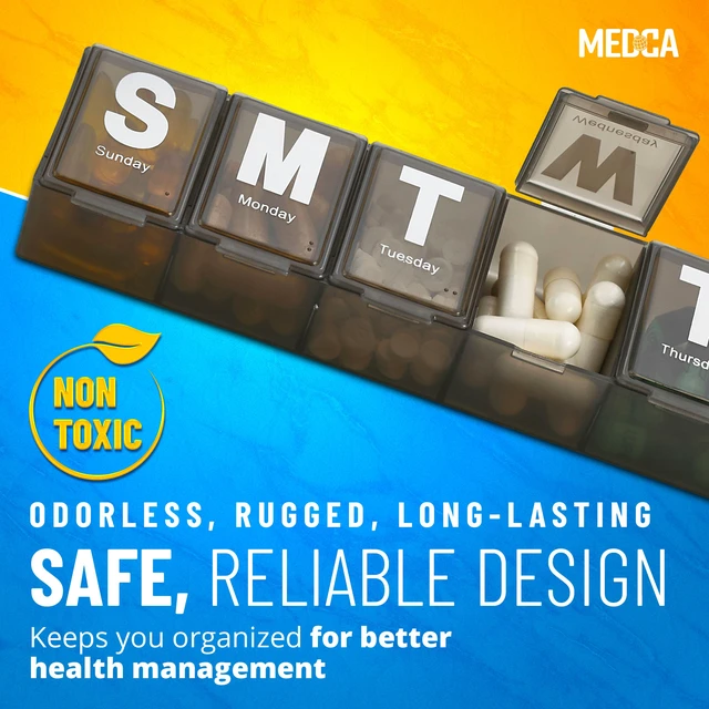 Alt view image 5 of 7 - MEDca Weekly Pill Organizer, Extra Large 7 Day Pill Box with Jumbo Weekday Letters, BPA-Free Medication, Vitamin & Supplement Container with Translucent Lids, Black