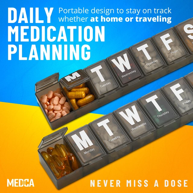Alt view image 3 of 7 - MEDca Weekly Pill Organizer, Extra Large 7 Day Pill Box with Jumbo Weekday Letters, BPA-Free Medication, Vitamin & Supplement Container with Translucent Lids, Black