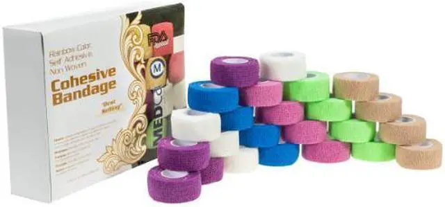 Alt view image 2 of 7 - MEDca Self Adherent Cohesive Wrap Bandages 1 Inch X 5 Yards 24 Count with Strong Elastic and Colorful First Aid Tape for Sprain Swelling and Soreness on Wrist and Ankle (Rainbow Color)