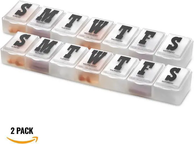 Main image of Weekly Pill Organizer - Pack of 2 - Pill Planner to Separate Pills & Vitamins Each Week, Medication Reminder Daily Monday to Sunday Compartments for Travel & Purse