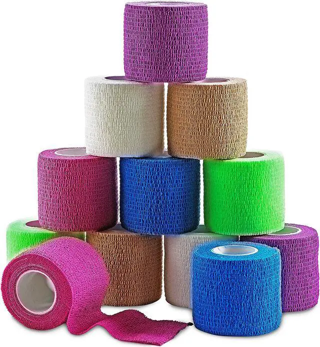 Main image of MEDca Self Adherent Cohesive Wrap Bandages 2 Inches X 5 Yards 12 Count with Strong Elastic and Colorful First Aid Tape for Sprain Swelling and Sorenes (Rainbow Color)