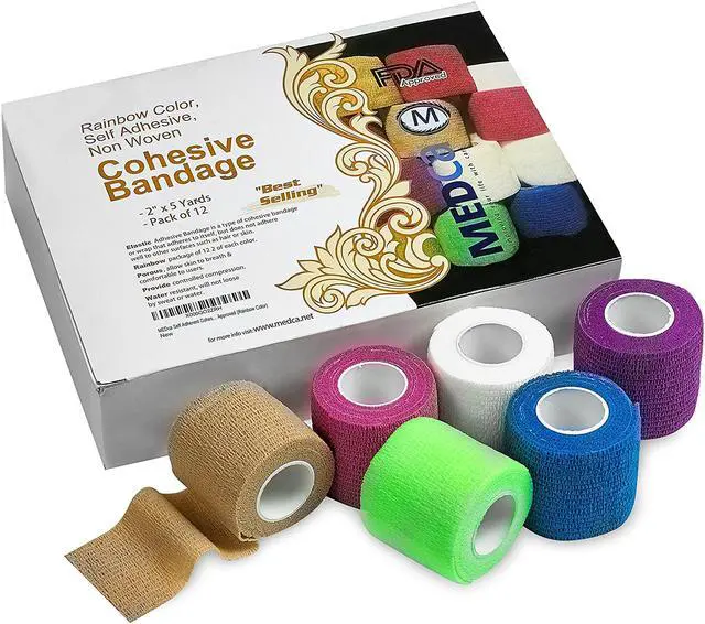 Alt view image 6 of 8 - MEDca Self Adherent Cohesive Wrap Bandages 2 Inches X 5 Yards 12 Count with Strong Elastic and Colorful First Aid Tape for Sprain Swelling and Sorenes (Rainbow Color)