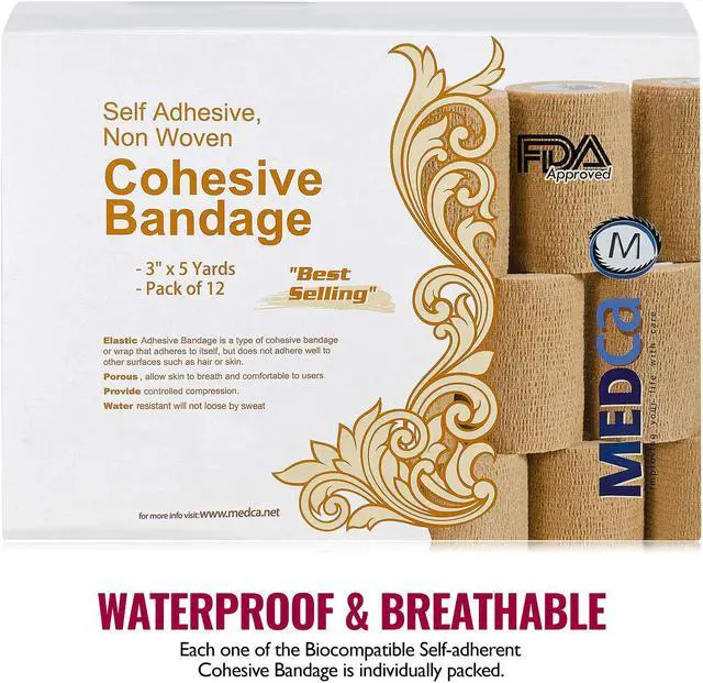 Alt view image 7 of 9 - MEDca Self Adherent Cohesive Wrap Bandages 3 Inches X 5 Yards 12 Count with Strong Elastic First Aid Tape for Sprain Swelling and Soreness on Wrist and Ankle (Skin Color)