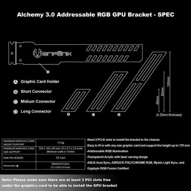 Alt view image 6 of 7 - Bitfenix Alchemy 3.0 Addressable RGB GPU Bracket, crystal clear acrylic, Daisy chained and synchronized BFA-GPUBKT-ADDG1-RP