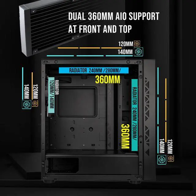 Alt view image 3 of 7 - BitFenix Tracery EATX (up to 272mm) PC Gaming Case Black, GPU Length Support 410mm, 1x 120mm ARGB Fan, 3x 140mm Black Fans Pre-Installed, Dual 360mm Radiator Support on Top and Front, USB Type C