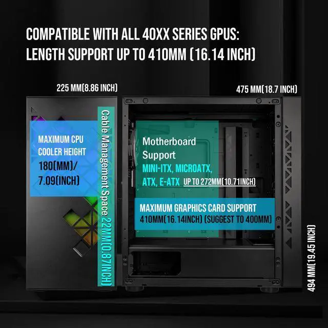 Alt view image 4 of 7 - BitFenix Tracery EATX (up to 272mm) PC Gaming Case Black, GPU Length Support 410mm, 1x 120mm ARGB Fan, 3x 140mm Black Fans Pre-Installed, Dual 360mm Radiator Support on Top and Front, USB Type C