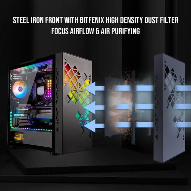 Alt view image 5 of 7 - BitFenix Tracery EATX (up to 272mm) PC Gaming Case Black, GPU Length Support 410mm, 1x 120mm ARGB Fan, 3x 140mm Black Fans Pre-Installed, Dual 360mm Radiator Support on Top and Front, USB Type C