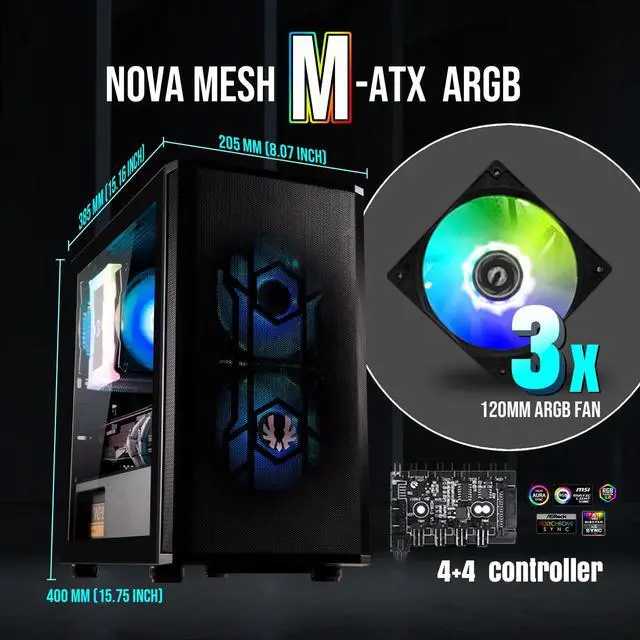 Alt view image 2 of 8 - BitFenix Nova Mesh mATX (Micro ATX, Mini ITX) PC Gaming Case ARGB Edition Black, 3 x ARGB Fans Pre-Installed, 240mm AIO Support at Top, GPU Length Support Up To 345mm