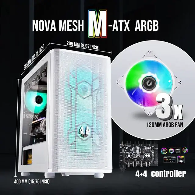 Alt view image 2 of 7 - BitFenix Nova Mesh mATX (Micro ATX, Mini ITX) PC Gaming Case ARGB Edition White, 3 x ARGB Fans Pre-Installed, 240mm AIO Support at Top, GPU Length Support Up To 345mm