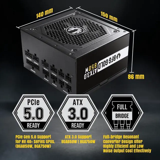 Alt view image 3 of 7 - BitFenix BFG Gold PC Gaming 850W Modular Power Supply ATX3.0 & PCIE5.0, Japanese 105°C/221°F, Efficiency Up to 90% at Typical Loading