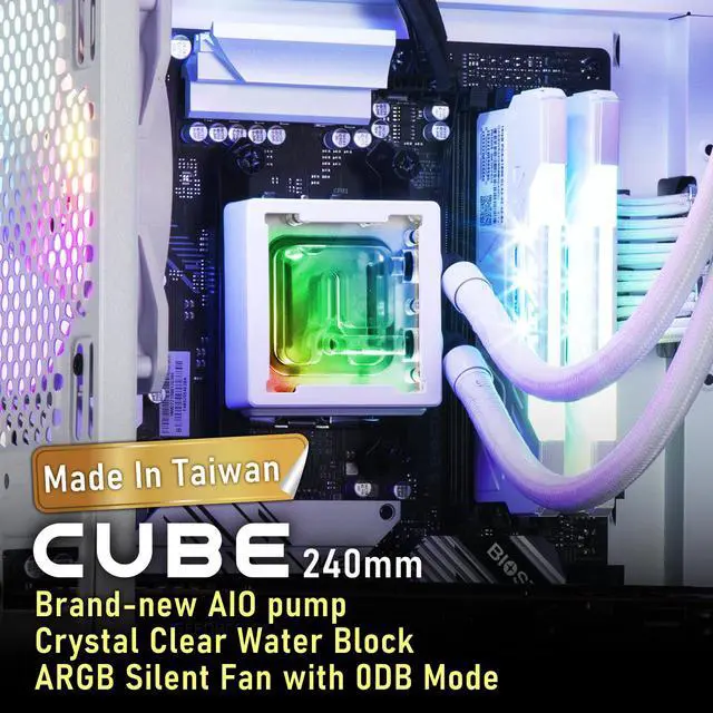 Alt view image 2 of 7 - BitFenix Cube AIO ARGB CPU Liquid Cooler 240mm Radiator White, Intel LGA1700/AMD AM5 Ready, Innovative Pump with Lift of 1.8 M/high Efficiency 5500RPM/ Silent 15DB, High Quality Made in Taiwan