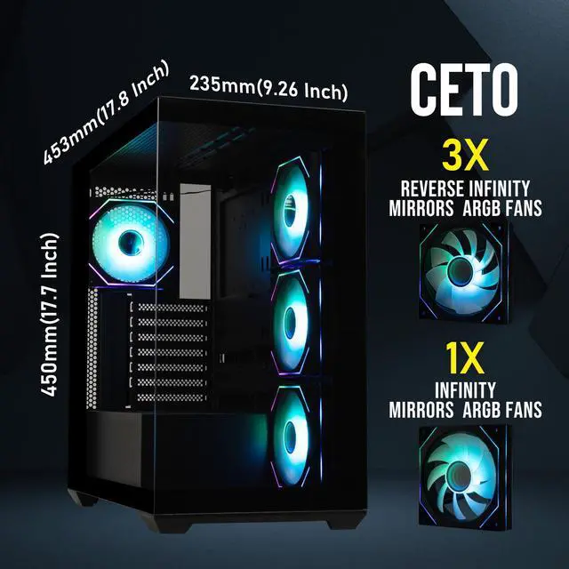 Alt view image 2 of 8 - BitFenix CETO High Airflow PC Gaming Case Black-Panoramic Tempered Glass Reverse Connection Motherboard Compatible4xInfinity Mirroring ARGB Fans(3X Reverse)-360mm AIO/GPU 410mm Support