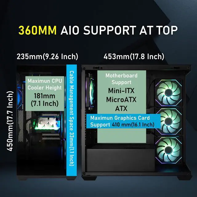 Alt view image 4 of 8 - BitFenix CETO High Airflow PC Gaming Case Black-Panoramic Tempered Glass Reverse Connection Motherboard Compatible4xInfinity Mirroring ARGB Fans(3X Reverse)-360mm AIO/GPU 410mm Support